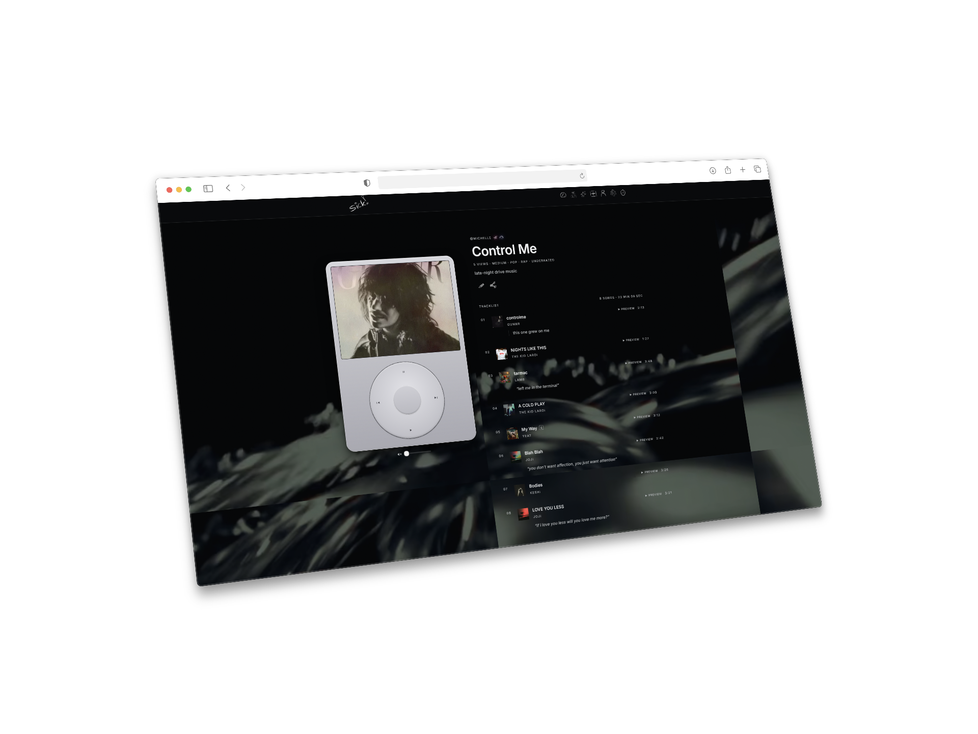 sickplaylists shown in a browser — an iPod with a tracklist, previews, and commentary