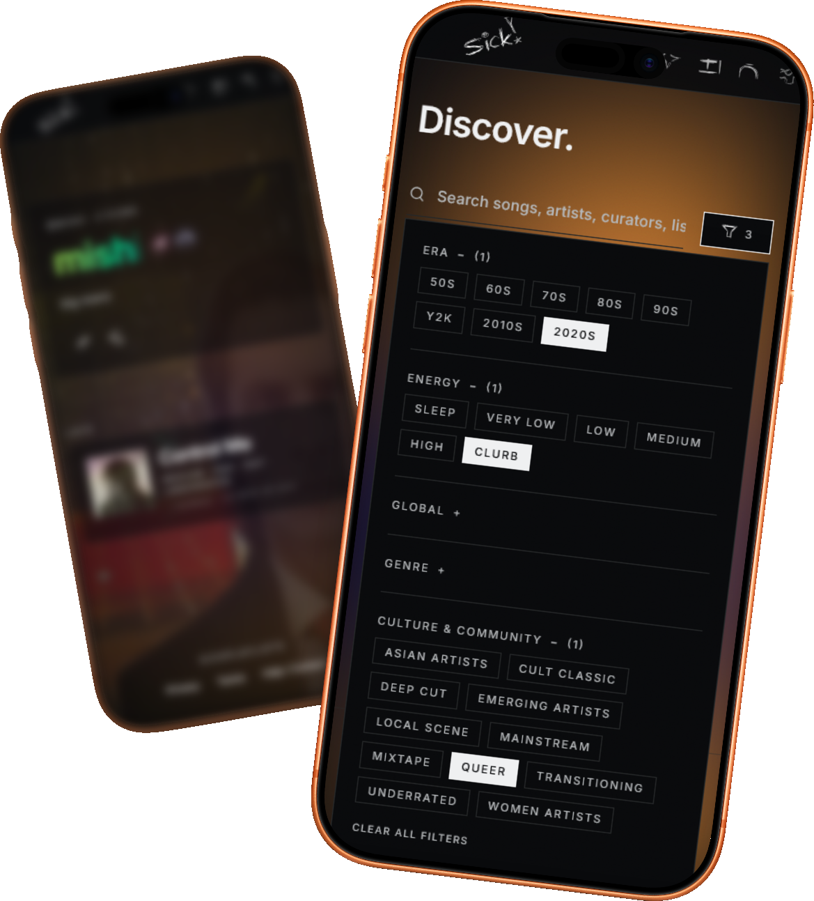 sickplaylists Discover page on a tilted phone — filter by era, energy, genre, and culture